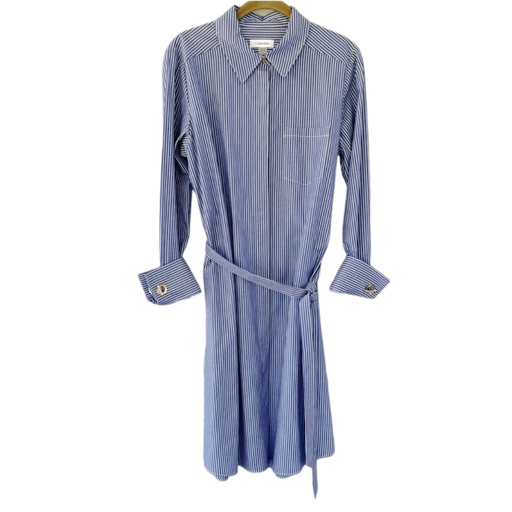 Calvin Klein Blue and White Stripe Button Down Belted Long Sleeve Dress Size 10